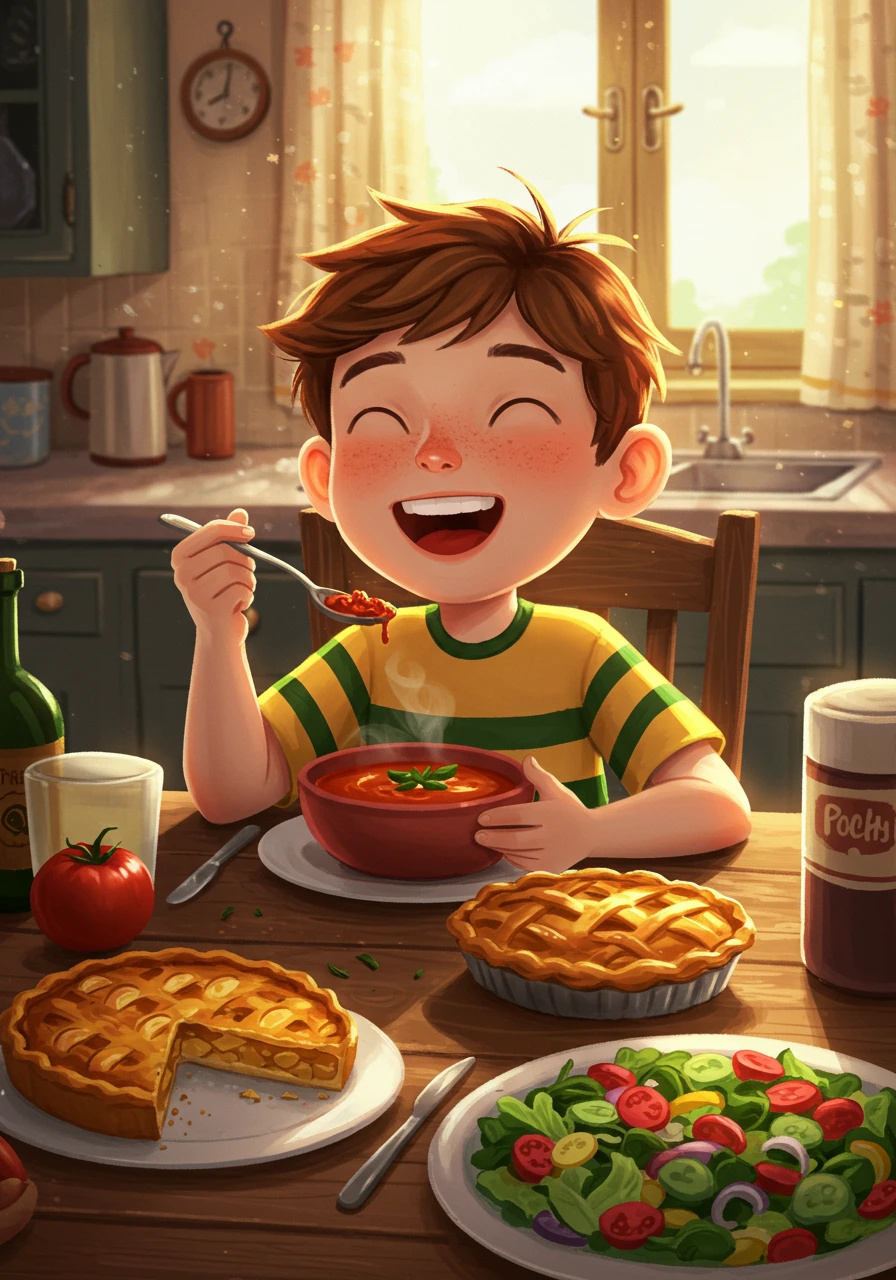 A colorful illustration of a happy boy eating.