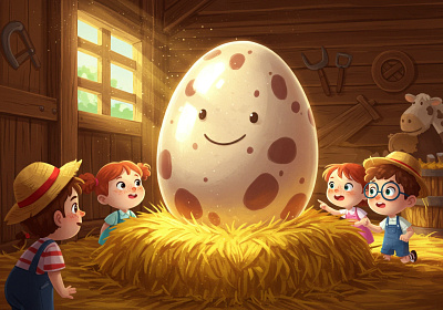 Cartoon children gaze in wonder at a giant, smiling speckled egg 3d animation app branding design flat graphic design icon illustration illustrator logo minimal motion graphics typography ui ux vector web web design website