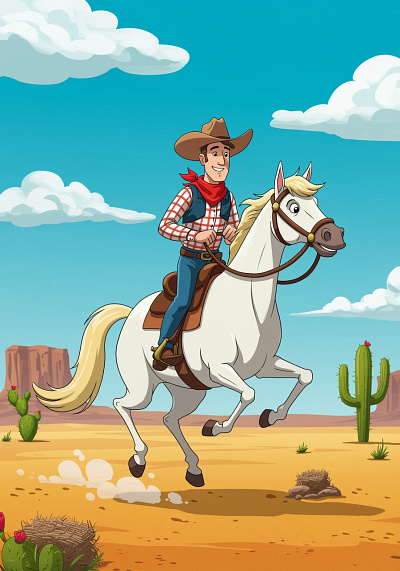 A cartoon cowboy rides a horse. app branding design graphic design illustration logo typography ui ux vector