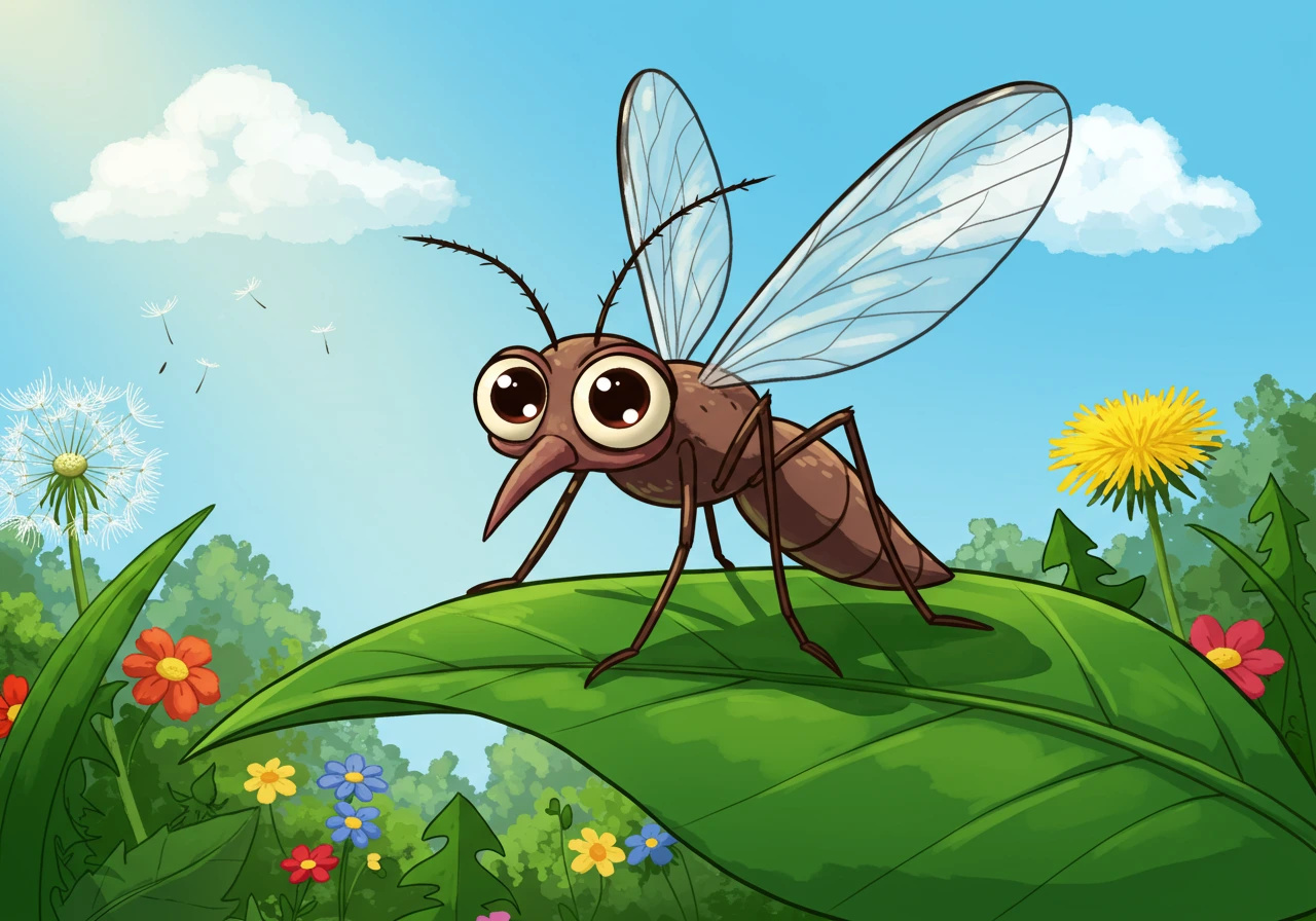 A cartoon mosquito with large eyes.