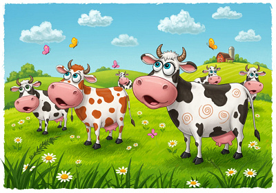 A colorful cartoon illustration of funny cows with big eyes. app branding design graphic design illustration logo typography ui ux vector