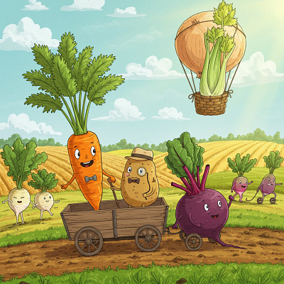 A cartoon scene of vegetables in a field. app branding design graphic design illustration logo typography ui ux vector