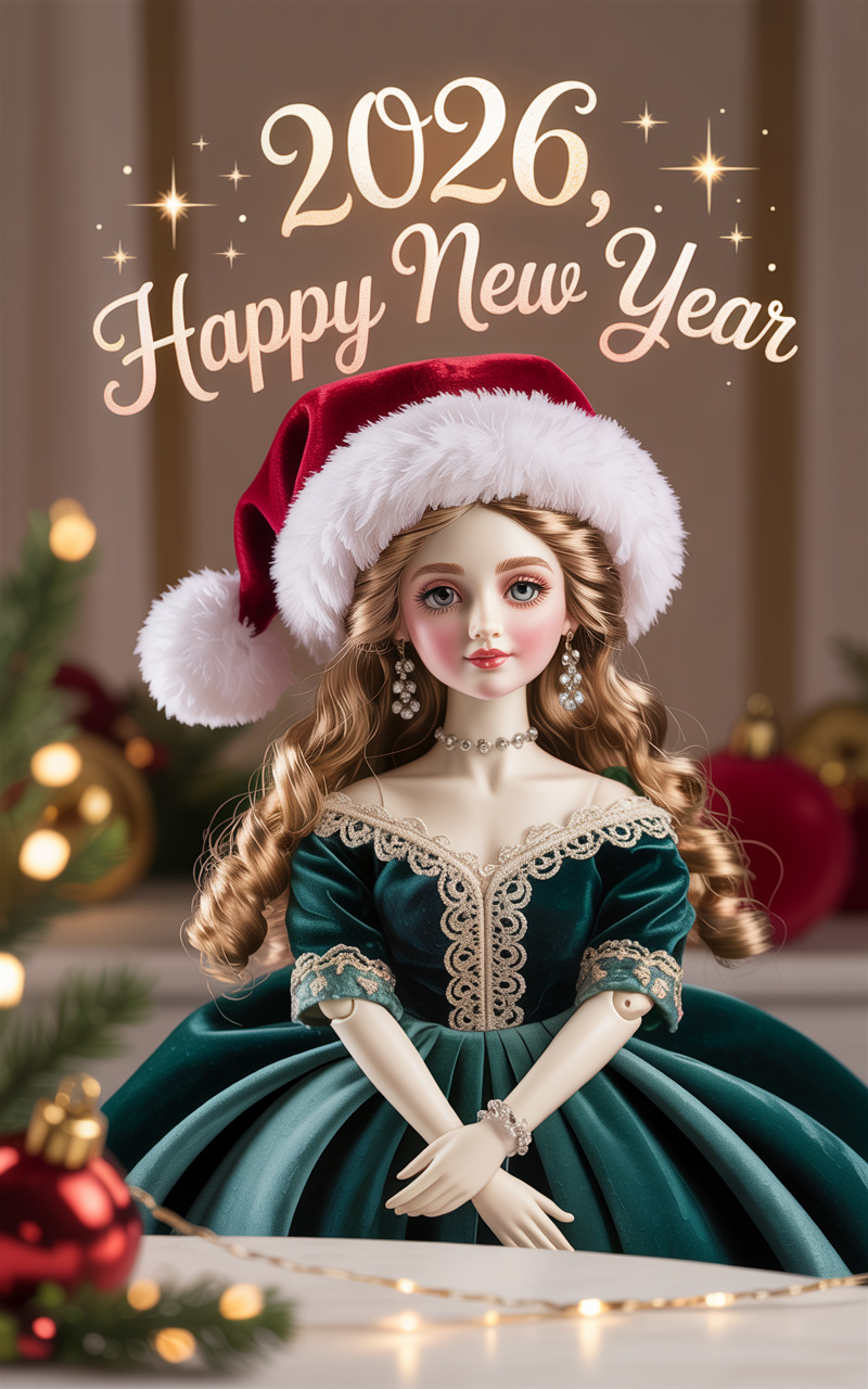 Prompt: A photograph of an elegant porcelain doll with rosy...