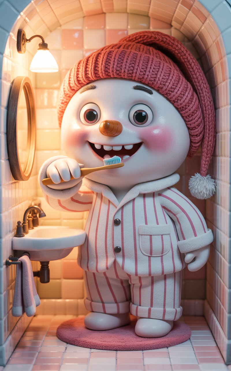 Prompt: A whimsical 3D rendered snowman with a...