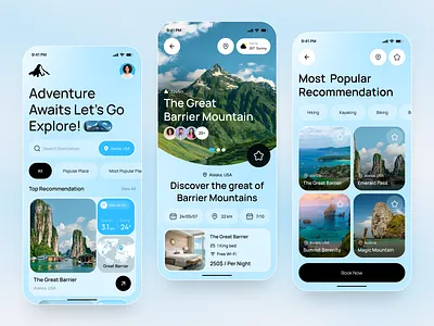 Adventure Explorer – Travel & Destination Discovery App Design adventure app design app design booking app clean destination home screen interface ios mobile mobile app mobile app design modern app ui modern travel design search travel agency travel app travel booking traveling trip vacation