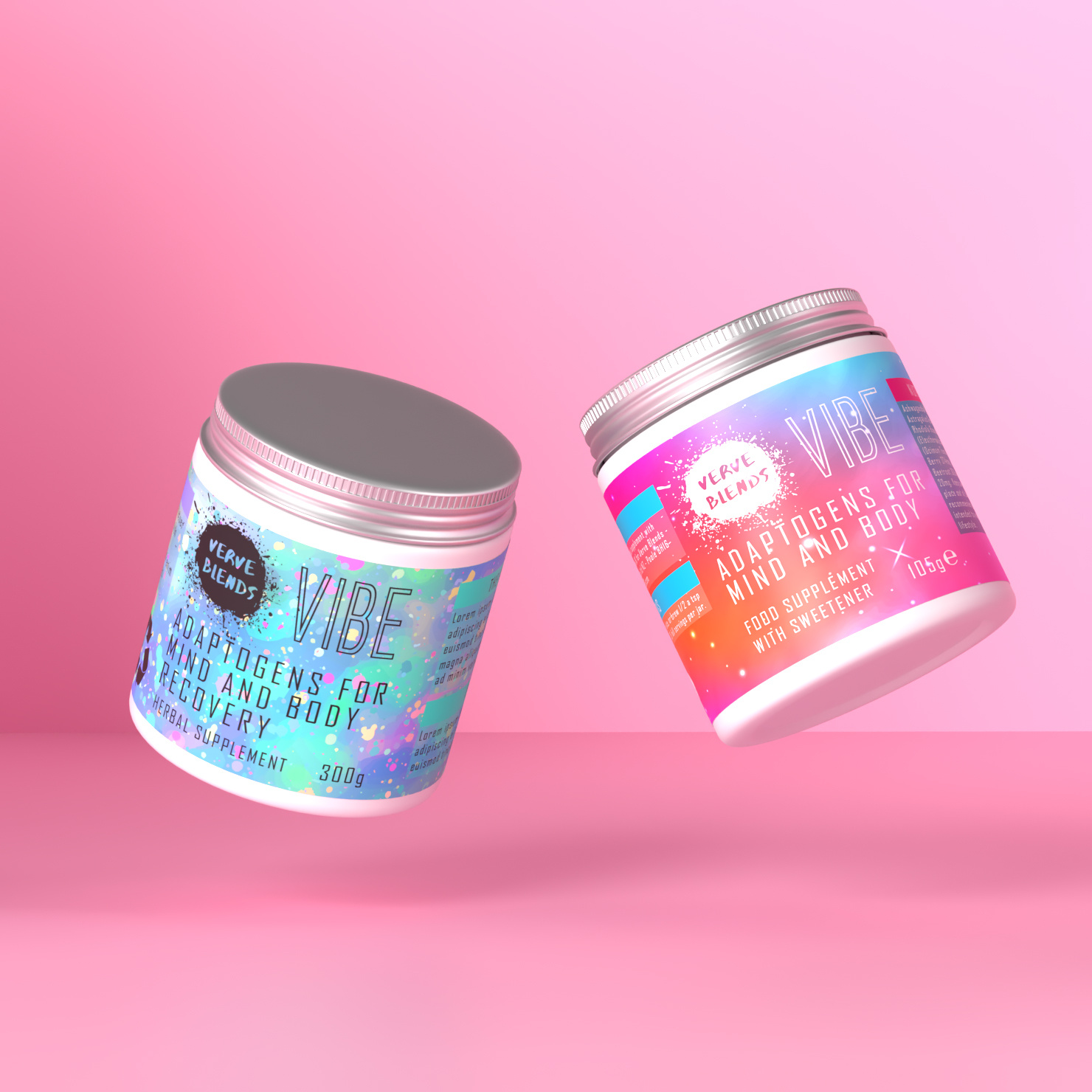 Verve Blends VIBE Mind & Body Supplement | Logo Label 3D Design 3d blue branding design graphic design health illustration label logo mockup mushroom packaging pink powder space stars superfood supplement vector vitamins