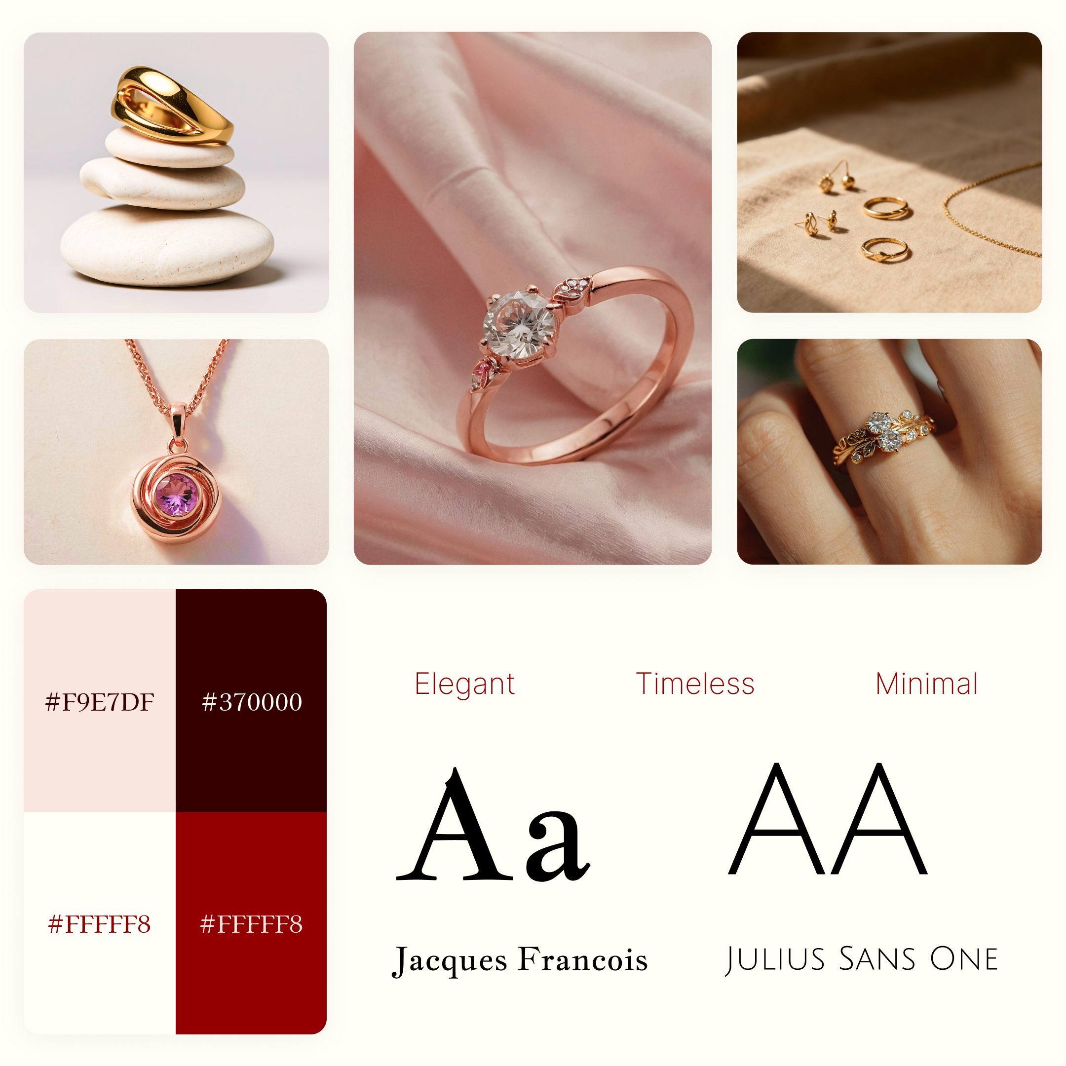 Elegant Jewelry Brand Moodboard branddesign colorpalette elegantdesign jewelrydesign luxury minimaldesign moodboard typography uiux webdesign