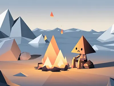 Geometric Explorer by Campfire in Arctic Landscape adventure arctic landscape campfire cozy scene environment exploration theme game art geometric character illustration illustration by xinyan landscape illustration loading screen minimalist design pyramid head travel vector illustration web