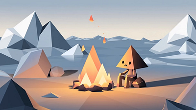Geometric Explorer by Campfire in Arctic Landscape adventure arctic landscape campfire cozy scene environment exploration theme game art geometric character illustration illustration by xinyan landscape illustration loading screen minimalist design pyramid head travel vector illustration web
