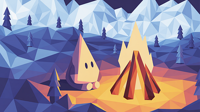 Geometric Cozy Campfire in Winter Woods Illustration adventure campfire cozy scene environment game art geometric character illustration illustration by xinyan landscape illustration low poly art minimalist design pine trees travel vector illustration web winter landscape winter theme