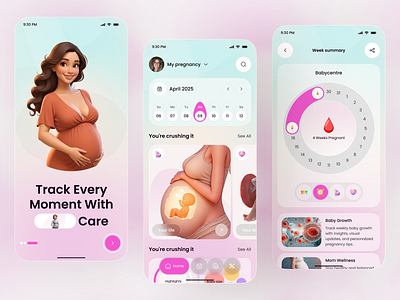 Pregnancy Tracker App — Smart Motherhood & Baby Growth UI aesthetic app design baby growth baby tracker health app health tech lifestyle app medical app mobile mobile app motherhood app pastel pregnancy pregnancy app tracker app ui design wellness app