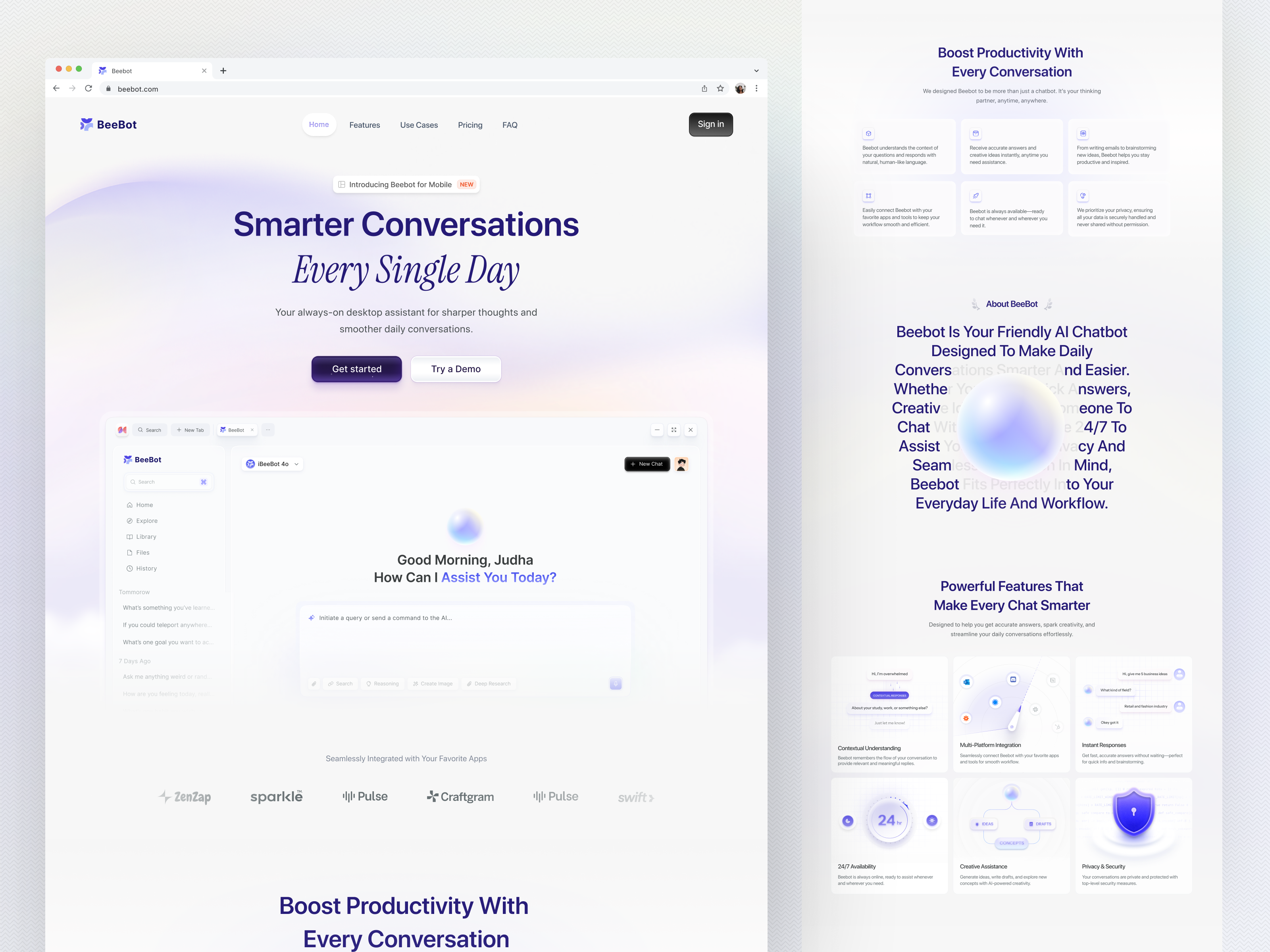 BeeBot 🐝 — AI Chat Bot Landing Page ai ai assist ai assistant ai consultant artificial intelligence assistant bot chat bot chatbot chatbot ui chatgpt gradient landing judha landing landing page product design saas saas landing siri virtual assistant