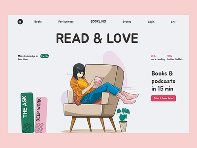 Landing Page app books branding design graphic design illustration landing page logo minimal read read and love typography ui ux vector