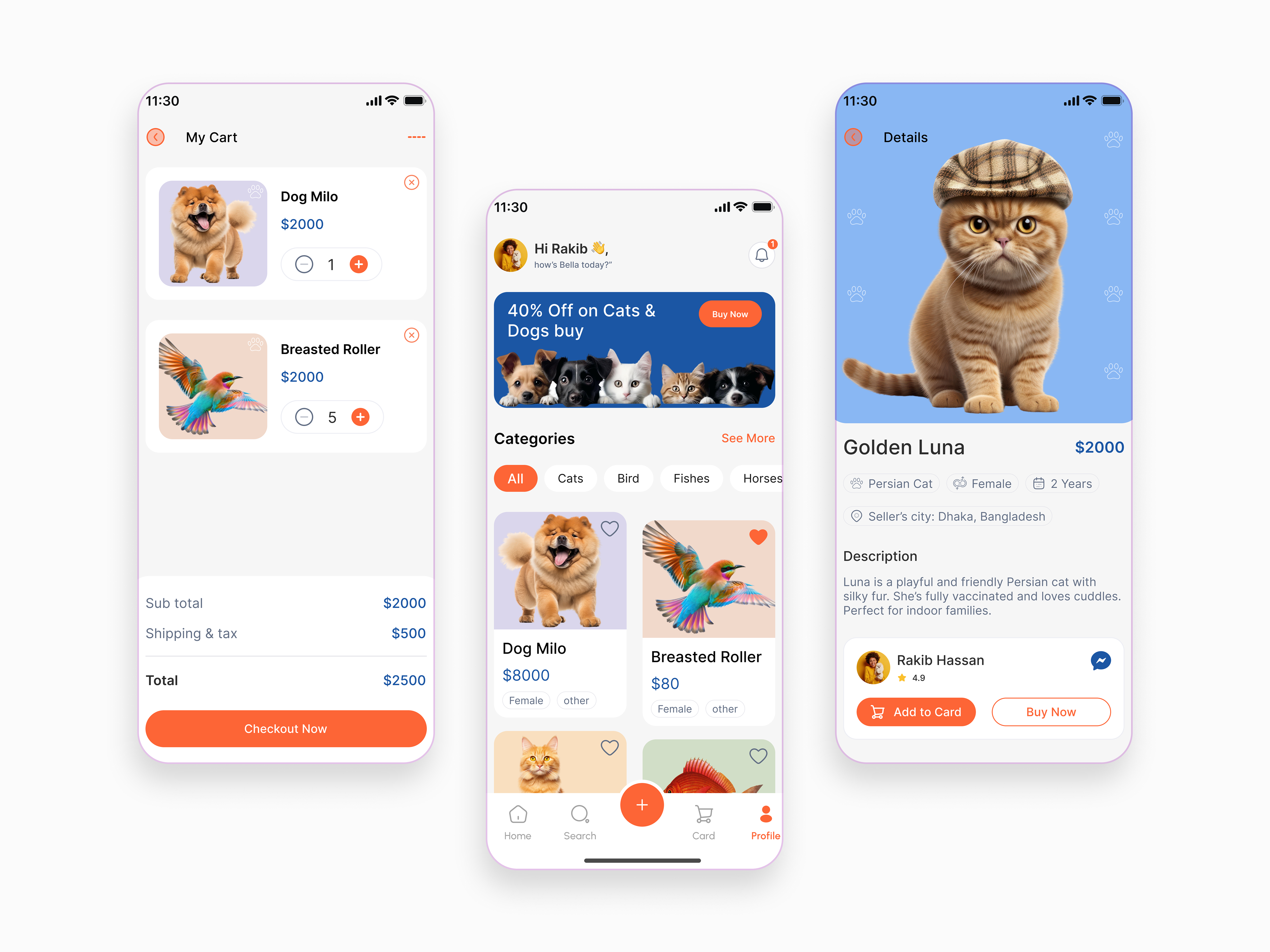 Pet Shop App UI – Modern & Playful Design aidesign buyandsellapp ecommerceapp friendlyui interactiondesign mobileecommerce modernui pet shop app design petsellingapp petstore rakib rakib hassan ui designer shoppingapp ui app uiux