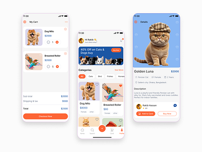 Pet Shop App UI – Modern & Playful Design aidesign buyandsellapp ecommerceapp friendlyui interactiondesign mobileecommerce modernui pet shop app design petsellingapp petstore rakib rakib hassan ui designer shoppingapp ui app uiux