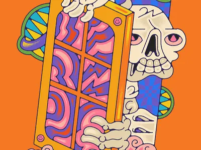 HIDE AND SEEK album branding colorful death design graphic design illustration lowbrow merch mushroom psychedelic skeleton skull space ui universe vibrant