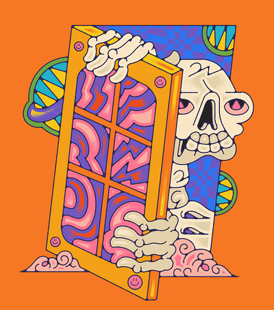 HIDE AND SEEK album branding colorful death design graphic design illustration lowbrow merch mushroom psychedelic skeleton skull space ui universe vibrant