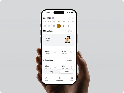 Mom monitoring app design baby deep sleep dashboard design health tech heating timer milk volume minimal mobile design mom mom dashboard design natural rhythm product design real time monitoring smart home speed speed temperature start pumping stop pumping suction ui ux