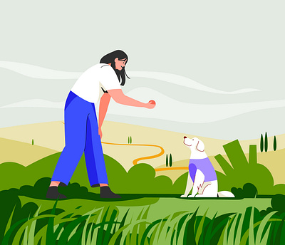 Dog fetch animal character design dog graphic illustration nature pastel play vector woman