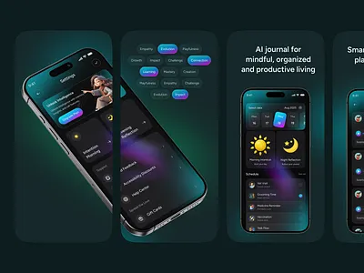 App Store Screenshots - AI Journal & Mental Health Assistant App ai app ai journal app design app screens app screenshot app store emotiontracker ios app meditation mental health mindfulness mobile app mobile app design mood tracker product design screenshot selfcare uiux