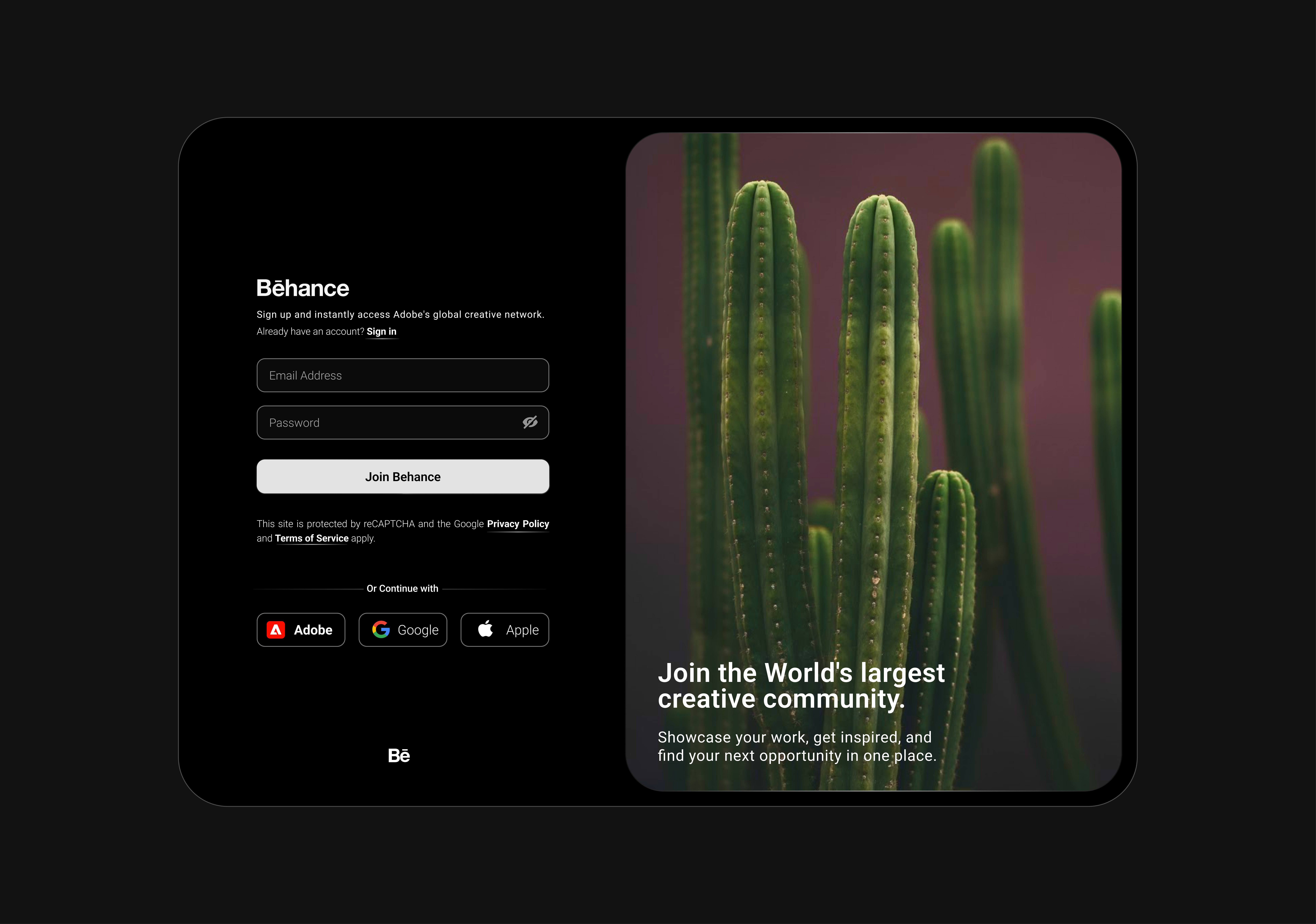 Daily UI 001 - Behance Sign Up Page Redesign app behance branding dailyui darkmode design graphic design icon redesign signup typography ui vector web web design website
