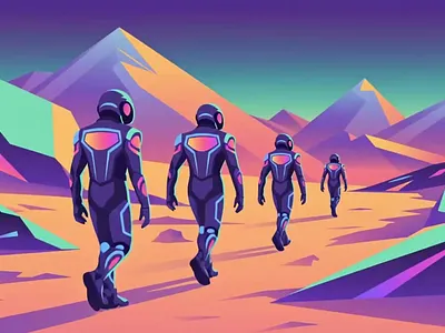 Futuristic Exploration Team in Alien Mountain Landscape adventure alien landscape conceptual art digital illustration environment futuristic suits illustration illustration by xinyan landscape illustration mountain mountain scene nature outdoor space exploration teamwork travel vector vibrant colors web website hero