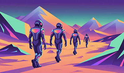 Futuristic Exploration Team in Alien Mountain Landscape adventure alien landscape conceptual art digital illustration environment futuristic suits illustration illustration by xinyan landscape illustration mountain mountain scene nature outdoor space exploration teamwork travel vector vibrant colors web website hero
