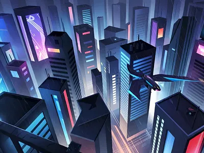 Stylized Cyberpunk Cityscape in Rain Illustration adventure branding visual city cyberpunk dynamic background environment futuristic city high tech illustration illustration by xinyan landscape illustration neon lights rainy scene scene sci fi skyscrapers travel vector vector illustration web