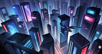 Stylized Cyberpunk Cityscape in Rain Illustration adventure branding visual city cyberpunk dynamic background environment futuristic city high tech illustration illustration by xinyan landscape illustration neon lights rainy scene scene sci fi skyscrapers travel vector vector illustration web