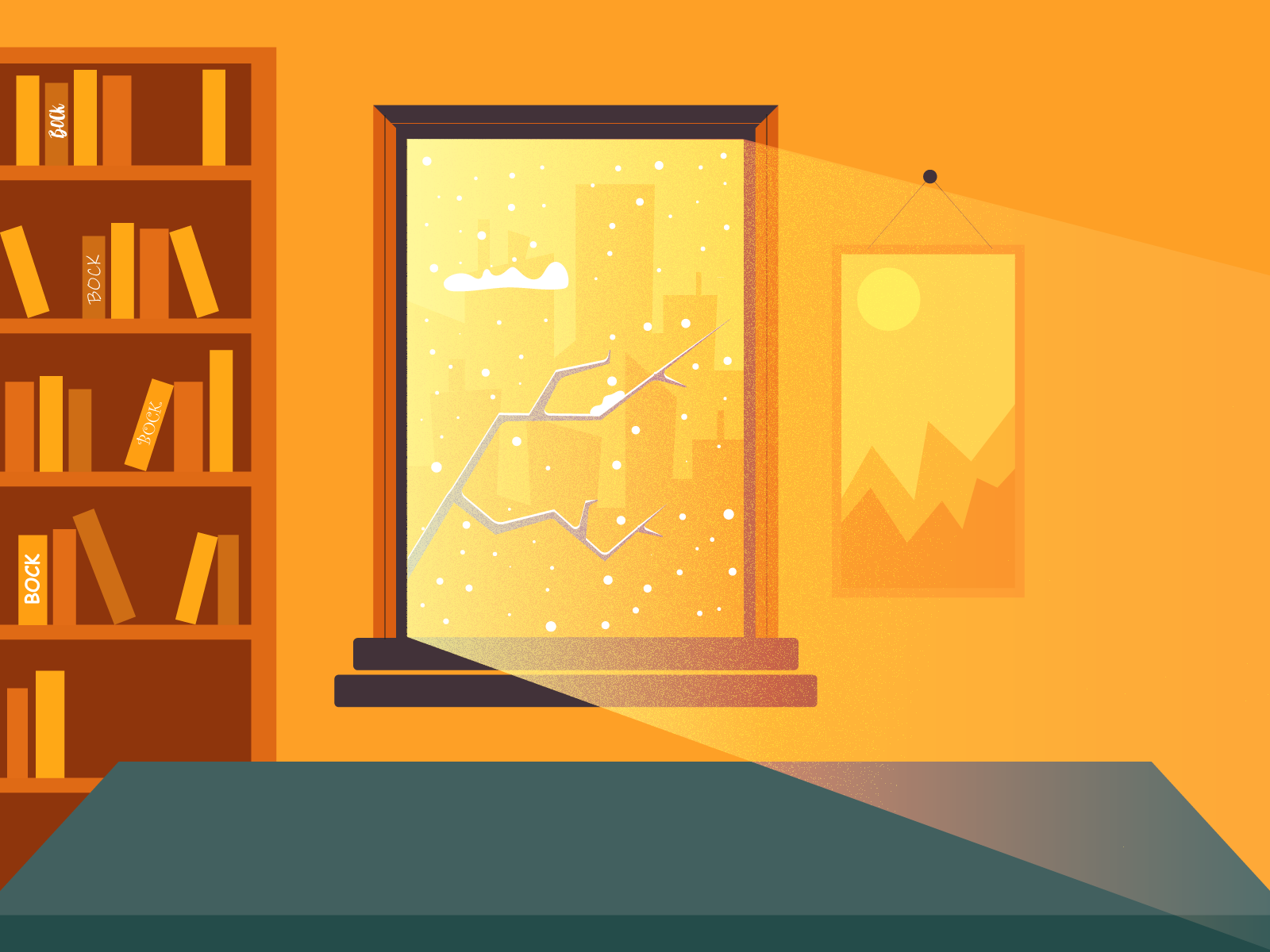 От ночи к рассвету: интерьер в двух настроениях adobe illustrator atmosphere city color composition creativity design digital art elena baryshkina free course graphics illustration interior light morning night snow vector visual style window