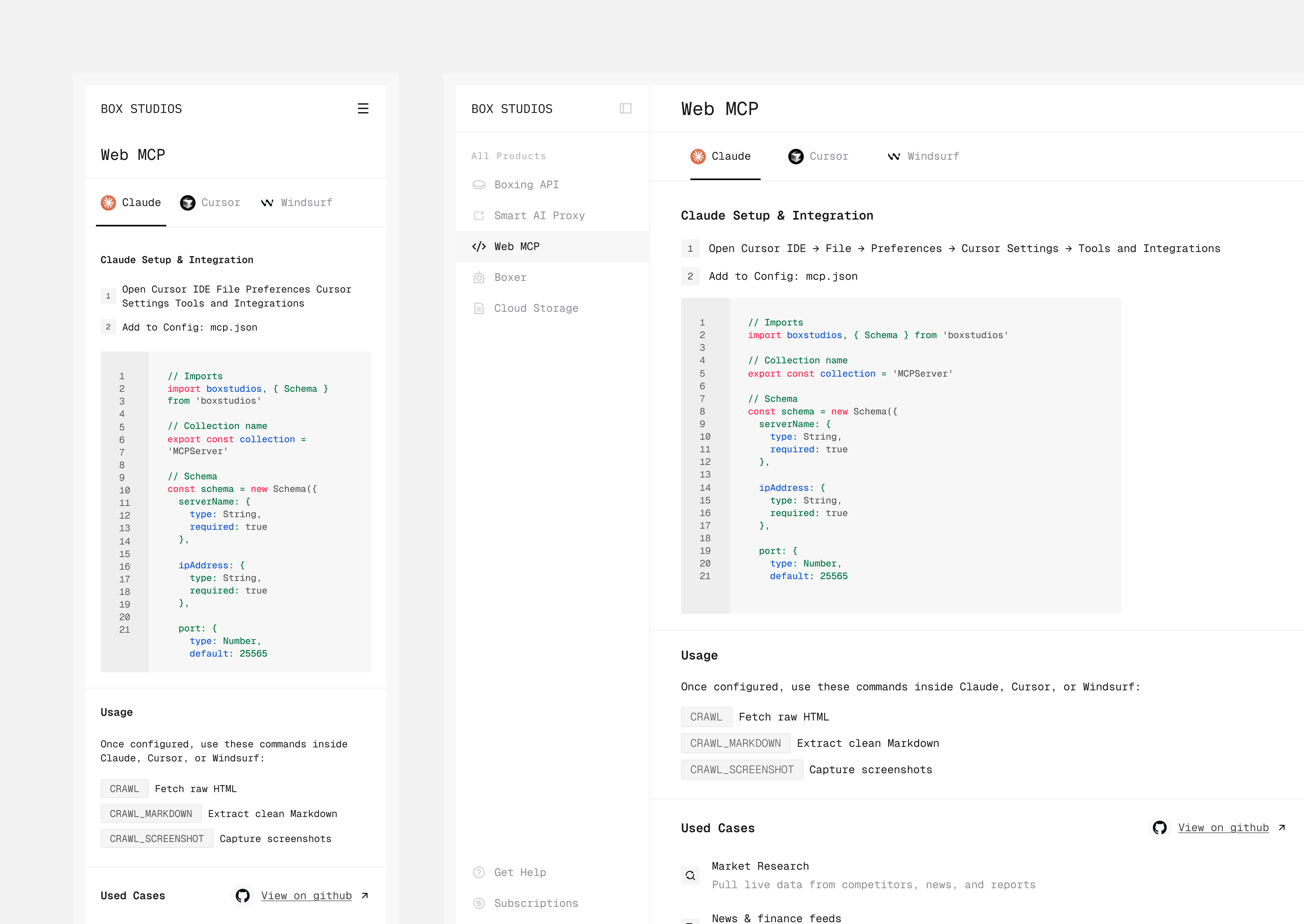 Box Studios MCP Panel dashboard mcp ui ui design web design