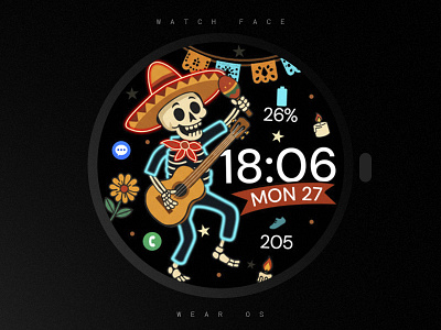 Día de los Muertos watch face black colorful design día de los muertos google graphic design illustration neon samsung smartwatch technology ui watch watchface