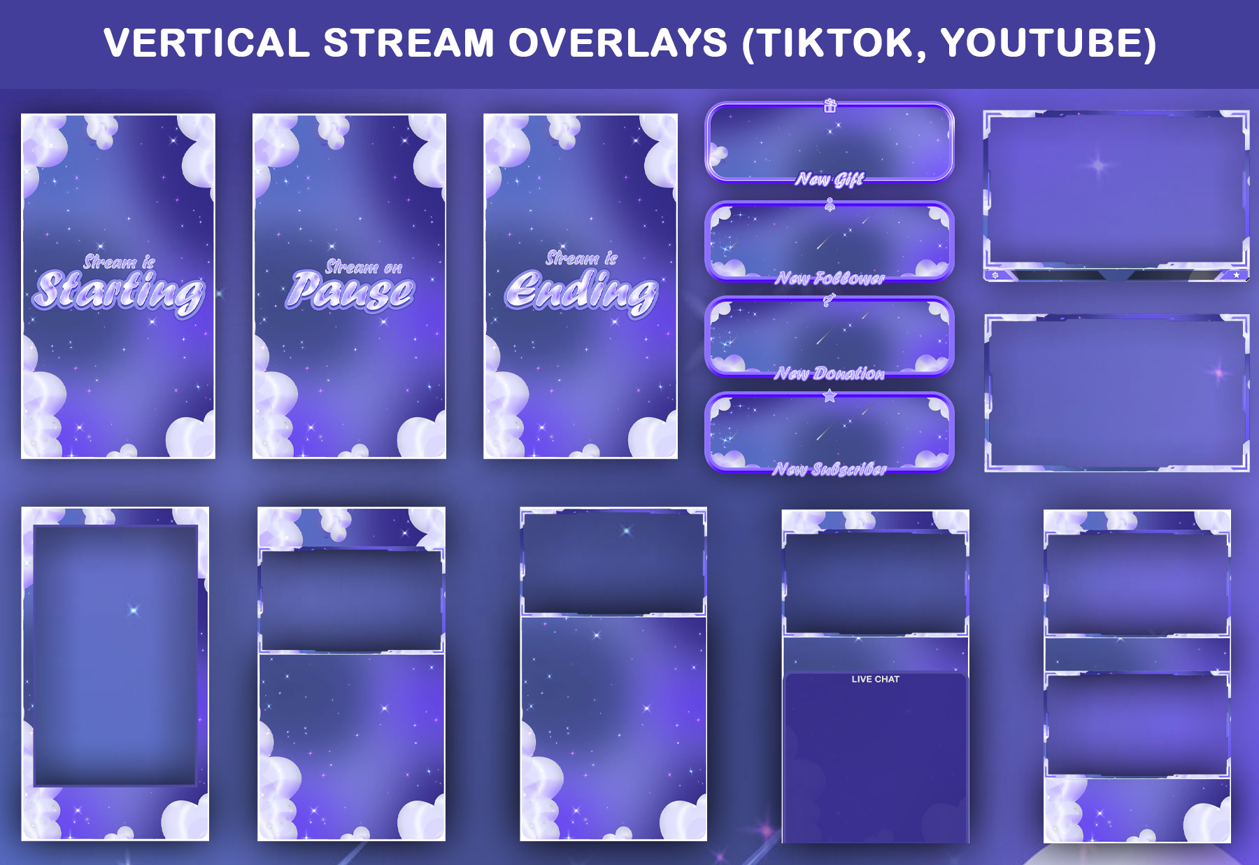 Purple Clouds Vertical Stream Pack – Animated TikTok Overlay ​ 9:16 overlay animated overlay animated tiktok frame gaming overlay just chatting overlay kick stream overlay live stream overlay mobile live overlay obs overlay streaming graphics streamlabs overlay tiktok layout tiktok live design tiktok overlay tiktok stream pack twitch overlay vectorkingstudio vertical stream overlay vtuber overlay youtube live overlay