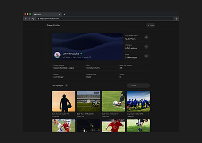 Player Profile Page - Futbal darkmode figma football ui web