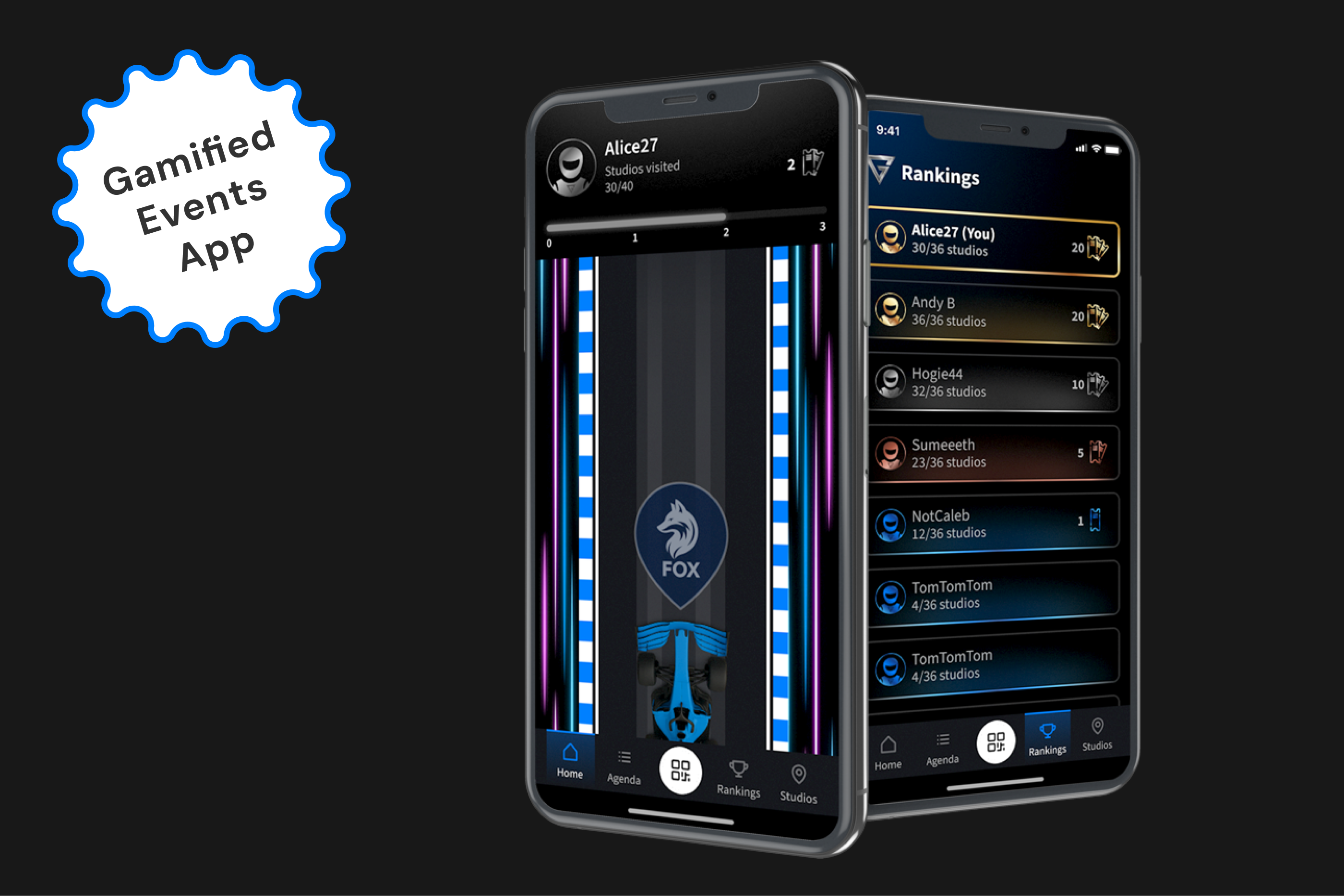 Gamified Customer Events App agenda events app gamification gamified app leaderboard mobile app mobile leaderboard race racetrack