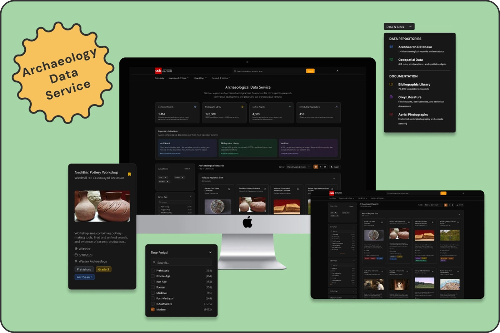 Archaeological Data Service — Smarter Search for Complex Records archeology dark theme data heavy interface database detailed records ux figma figma make filters navigation ui