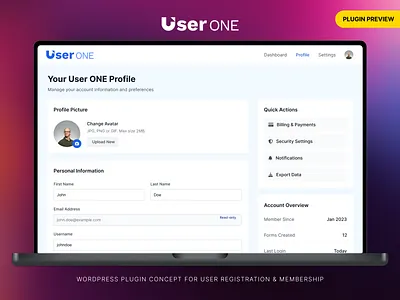 User ONE - WordPress Plugin Profile UI Concept 360 overview edit frontend membership profile settings ui user wordpress
