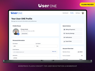 User ONE - WordPress Plugin Profile UI Concept 360 overview edit frontend membership profile settings ui user wordpress