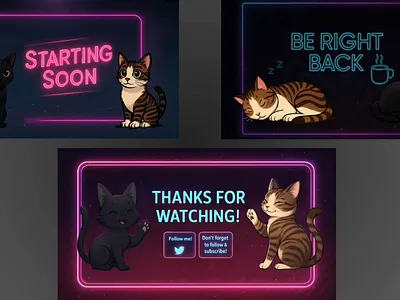 ✨ Neon Cat Stream Screens 🐾 ✨ OPEN FOR COMMISSIONS anime be right back cartoon ending scene startig soon stream screen twitch overlay