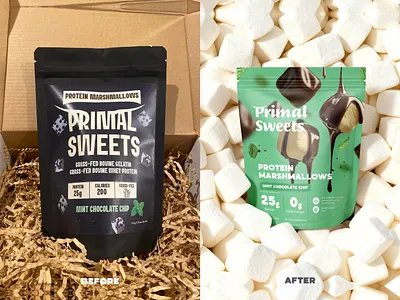 Primal Sweets - Protein Marshmallows Branding & Packaging Design branding candy cpg food food packaging design graphic design marshmallows packaging packaging design protein rebrand snack supplement wellness