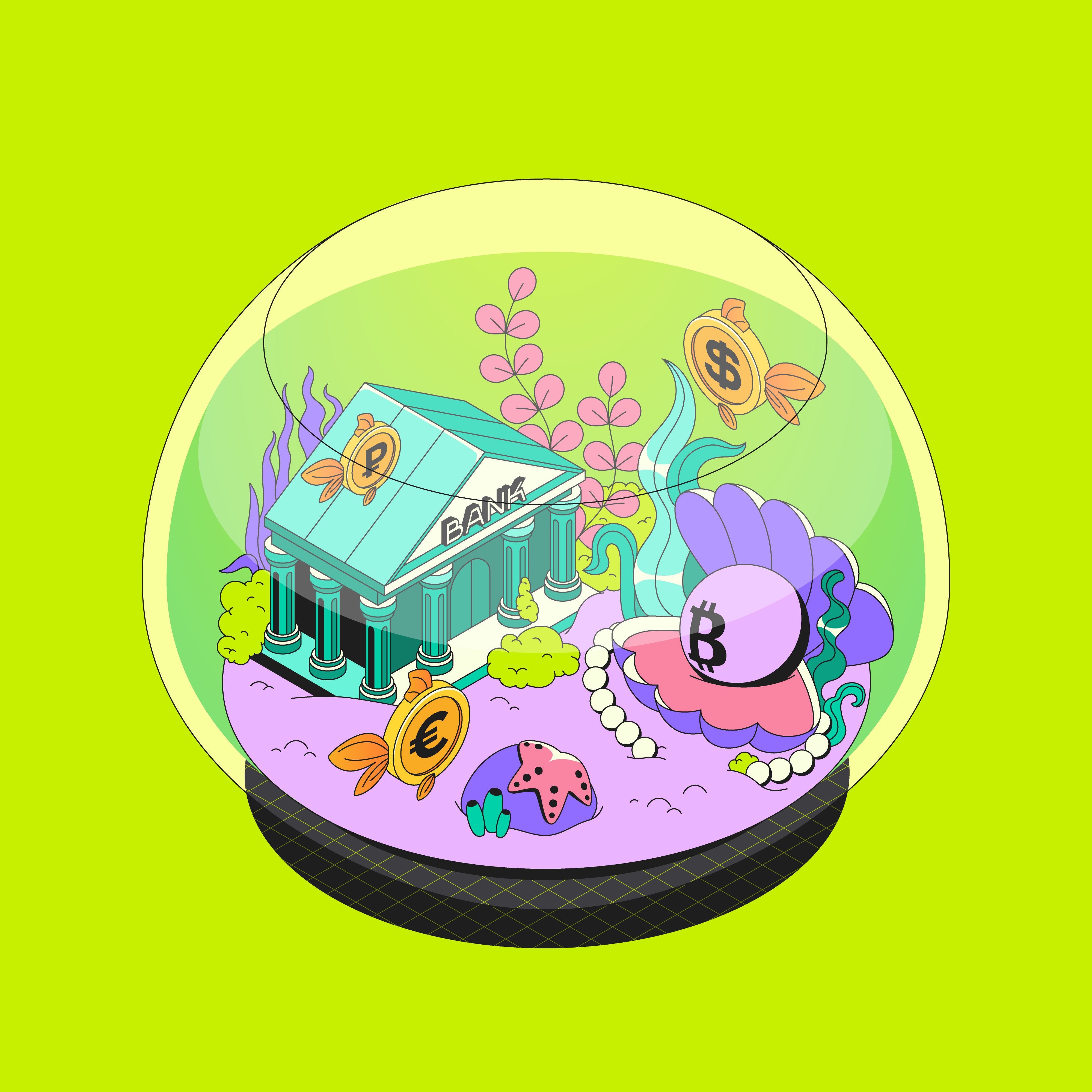 Financial ecosystem algae aquarium bank cryptocurrency design dollar euros finance fish flower graphic design illustration isometry money peace pearl rubles underwater world vector water