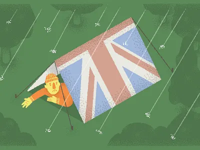Raining and Pouring 2d art british british flag camper camping digital illustration forest green illustration perfect storm pouring raining storm
