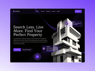 Zentate – Smart Property Finder Website Figma UIUX Design 🏡 clean layout dark theme design figma figmadesign framer hero design hero section hero uiux landingpagedesign minimal ui modern ui property search real estate design real estate platform real estate website uiux webappdesign webflow