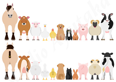 farm animals in a row, front and back animal back behind cartoon cute design farm farm animals front graphic design illustration in a row