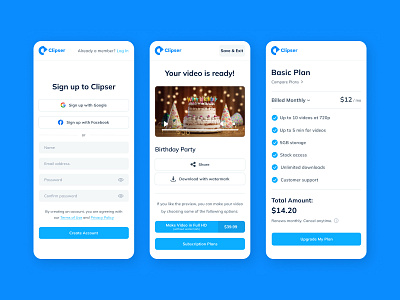 Clipser – Signup, Final Video, and Basic Plan Screens ai video maker ggstudio mobile ui mobile ux onboarding product design responsive design ui user flow video platform