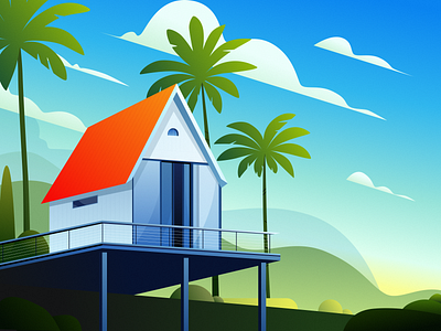 Vitality architecture art illustration blue cloud design digital art digital illustration draw grass green house illustration landscape mountain nature painting sky tree vector vector illustration