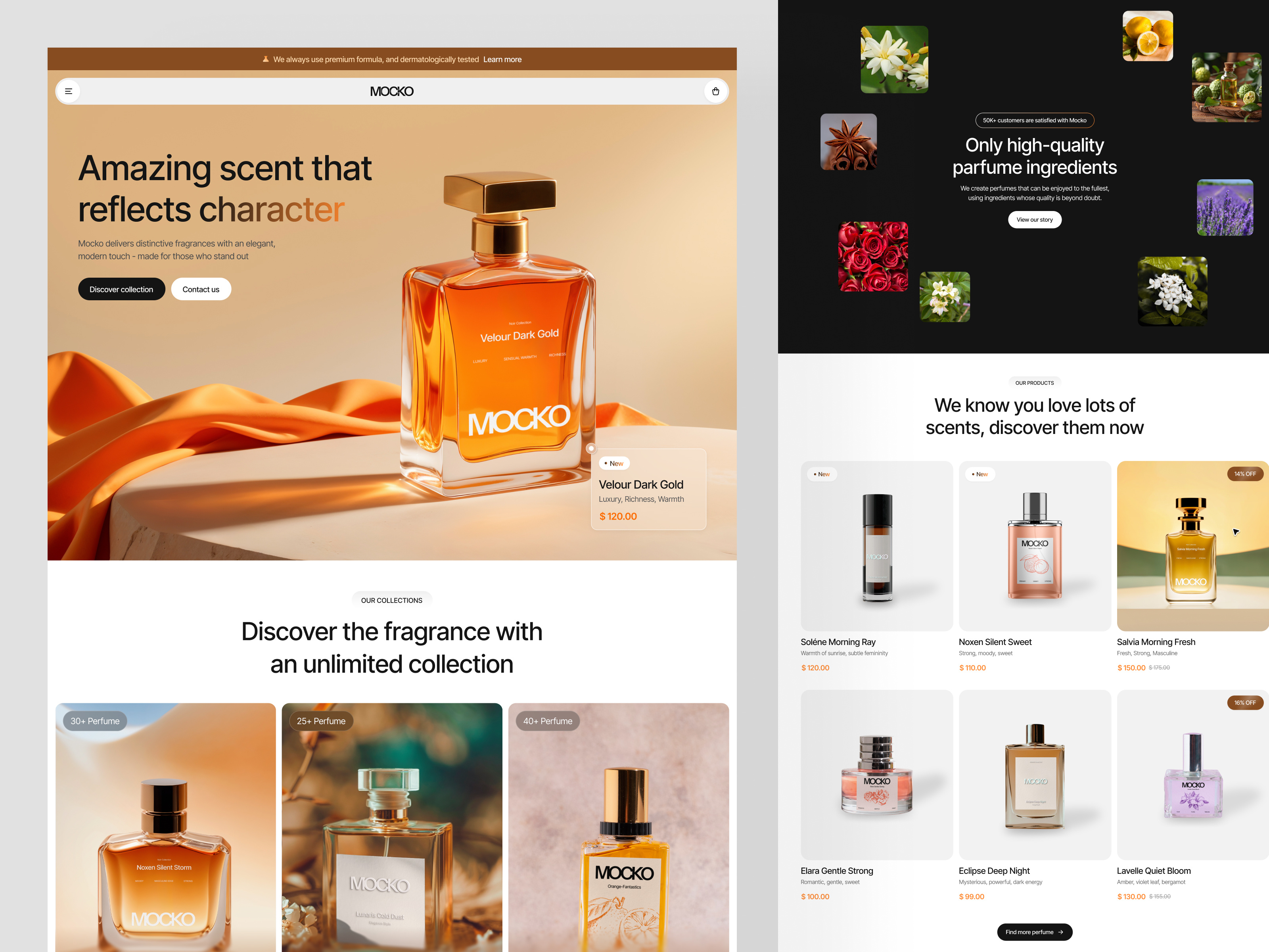 Mocko – Luxury Perfume E-commerce Experience branding clean design digital store ecommerce ecommerce ui fragrance hero section landing page minimal ui modern interface perfume premium design product design product showcase ui inspiration uiux uxui visual design web design website concept