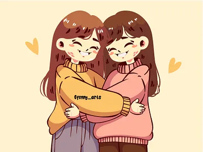 Couple of Girls Hugging background care cartoon celebration charity day diversity giving good handdrawn harmony heart human humanity kind kindness protection solidarity support unity