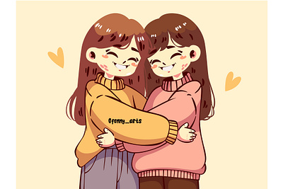 Couple of Girls Hugging background care cartoon celebration charity day diversity giving good handdrawn harmony heart human humanity kind kindness protection solidarity support unity