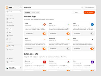 Relinx - CRM Dashboard (Integration Page) ai branding clean conversion crm dashboard design explore figma graphic design inspiration integration saas ui ui design uiinspo ux vector web design webapp